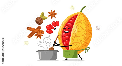 Animated Fruit Chef: Exotic Spice Fusion Culinary Creation on White Background
