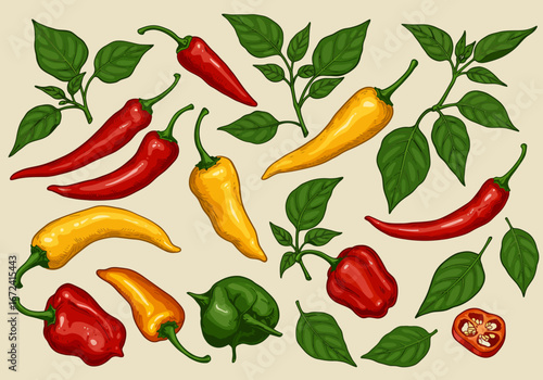 Colorful Assortment of Fresh Peppers and Leaves Illustration.