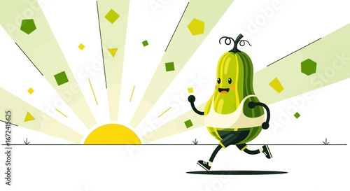 Animated Gourd Runs Towards Sunrise, Embracing Fitness And Healthy Lifestyle
