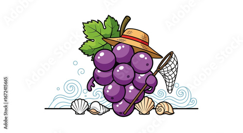 Animated Grape Character Enjoying Seaside Fun With a Hat and a Fishing Net