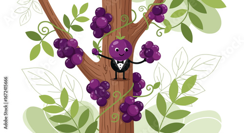 Animated Grape Character Standing On The Tree Present Grapes And Smiling Happily