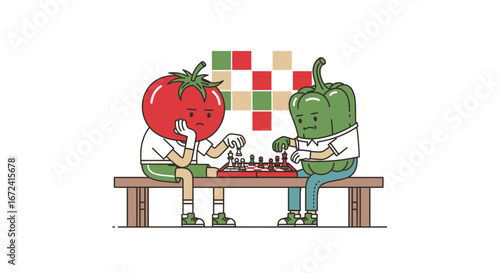 Animated Vegetables Playing Chess on a Bench, Strategic Game and Creative Concept