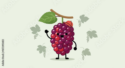 Animated Grape Character with Red Hat and Smiling Faces, Greeting The Viewer In A Cute Way Style