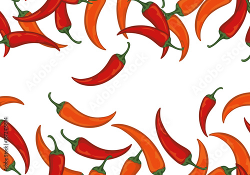 Red and Orange Chili Peppers Pattern on White Background.