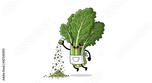 Animated Greens Character Sprinkling Culinary Spices with Joyful Expression is Whimsical