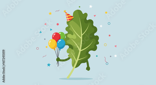 Animated Green Leaf Enjoying a Celebration with Balloons and Party Hat in a Festive Atmosphere