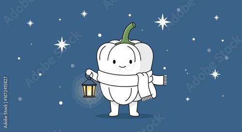 Animated White Vegetable Character Holding Lantern Amidst Sparkling Winter Night Sky