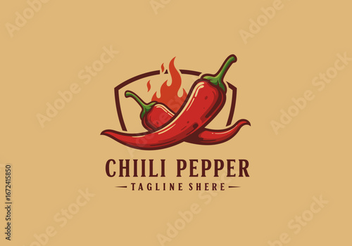 Two Red Chili Peppers with Flames in a Shield Emblem.