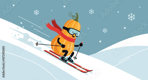 Animated Winter Sportsman: A Cheerful Pumpkin Embarks on a Downhill Skiing Adventure