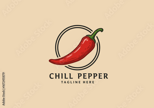 Red Chili Pepper Illustration with Green Stem and Double Circle Frame.