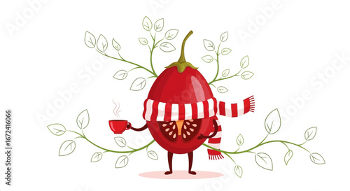 Anthropomorphic Tomato Enjoying Warm Drink, Wearing Scarf Amongst Leafy Sprigs