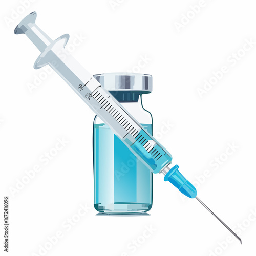 Seringue et fiole de sérum, injection, santé, vaccination, liquide bleu, fond blanc, isolé