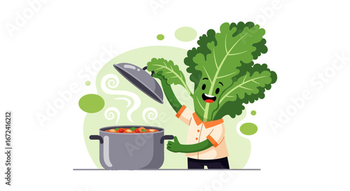 Animated Kale Character Cooking Healthy Dish with Fresh Vegetables in a Pot
