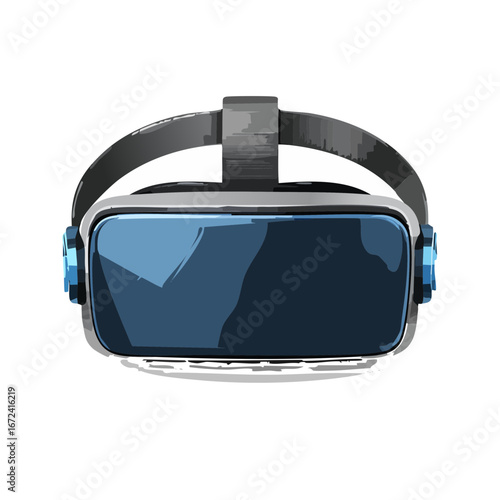 Casque de réalité virtuelle gris bleu noir, sur fond blanc