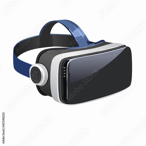 Casque de réalité virtuelle gris bleu noir, sur fond blanc