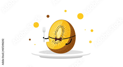 Animated Kiwi Slice Character Ready To Dine On Dining Plate Holding Fork Ready To Eat Breakfast.