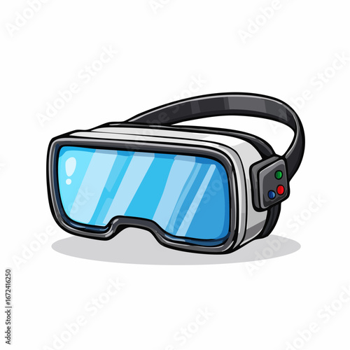 Casque de réalité virtuelle gris bleu noir, sur fond blanc