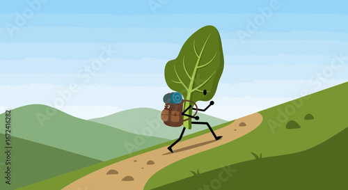 Animated Leaf Carries Luggage Up Hill Pathway Towards Mountain Range In Daytime