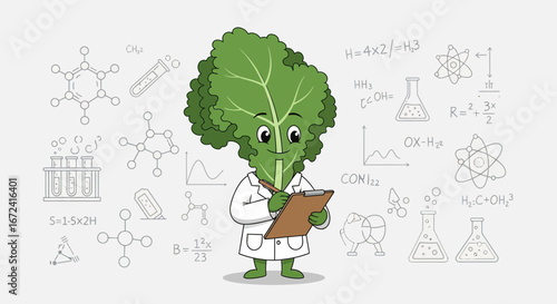 Animated Leaf Character in a Lab Coat Pondering Scientific Formulas And Worksheets