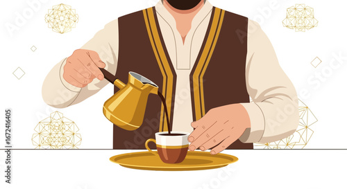 Arabian Person Pouring Traditional Coffee Into Cup, A Cultural and Iconic Drink