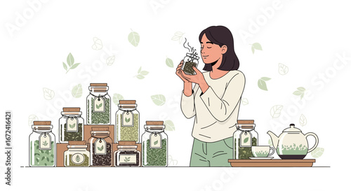 Aromatherapy Lover Enjoys Delicate Tea Fragrance Next To Her Variety Herb Collection