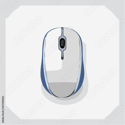 Jolie souris d'ordinateur, épurée, bicolore, bleue et blanche, fond blanc, sans fil