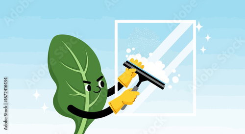 Animated Leaf Character Joyfully Cleans a Sparkling Window, Achieving Pristine Cleanliness
