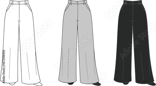 Vector illustration of wide leg women’s trousers with waistband, pockets, high waist, classic formal pants fashion design flat sketch style
