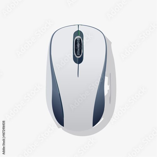 Jolie souris d'ordinateur, épurée, bicolore, bleue et blanche, fond blanc, sans fil