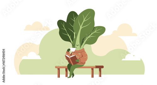 Animated Leaf Character Reading And Relaxing With Tea Or Coffee Enjoying Peaceful Moment