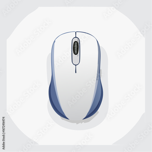 Jolie souris d'ordinateur, épurée, bicolore, bleue et blanche, fond blanc, sans fil