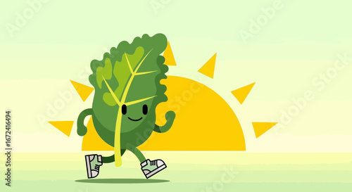 Animated Leaf Character Running Toward the Sunrise, Optimistic and Happy Design