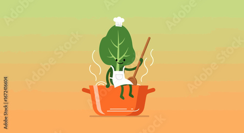 Animated Leaf Chef Stirring Tasty Food Inside A Cooking Pot With Chef Hat
