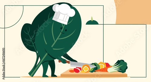 Animated Leaf Chef Chopping Vegetables: Wholesome Illustration of Food Preparation