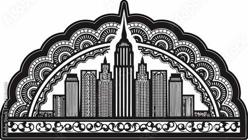 Black and white cityscape with empire state building and ornate floral arch design element art silhouette