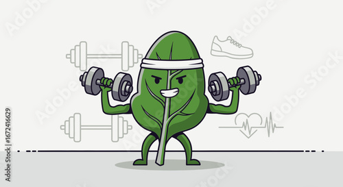 Animated Leaf Demonstrating Fitness, Health, And Bodybuilding With Dumbbells