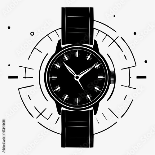 Montre en noir et blanc entourée de graphisme, fond noir aiguilles blanches, bracelet noir, style graphique minimaliste, image impactante, concept temps