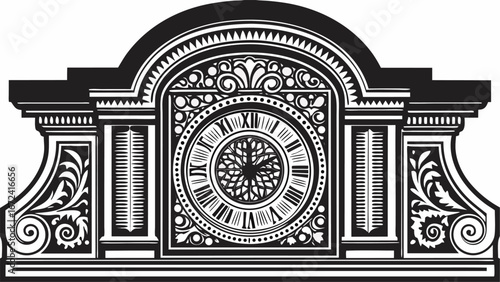 Ornate mantel clock with roman numerals and decorative elements in black and white illustration style silhouette