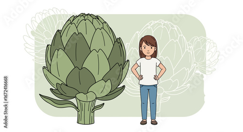 Artichoke Pose: A Friendly Illustration Of Woman And A Giant Vegetable Artwork