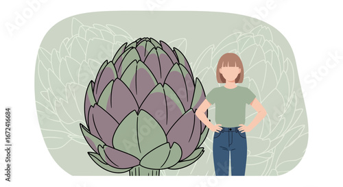 Artichoke Illustration With Woman Posing Next To Large Vegetable for Healthy Living