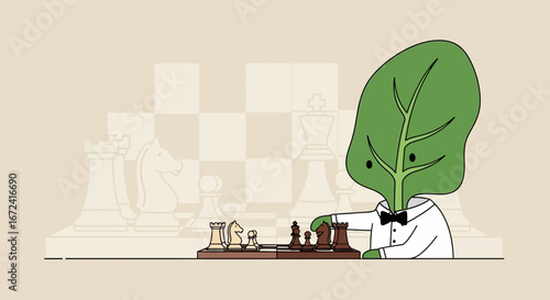 Animated Leaf Person Plays Chess, Concentrating on Next Strategic Move to Win