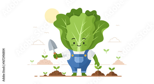 Animated Lettuce Character Embraces Gardening, Cultivating Greenery in the Sunshine