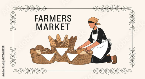 Artisan Baker At Farmers Market Offering Freshly Baked Bread Baskets For Sale