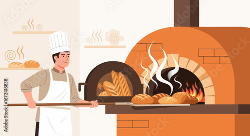 Artisan Baker Crafting Fresh Bread in a Hot Oven, Baking Process and Production