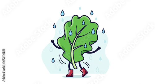 Animated Lettuce Character Joyfully Dancing Under Rainy Weather with Cute Rain Boots