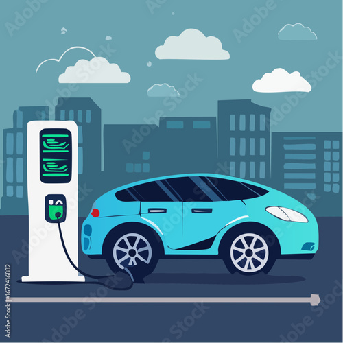 Illustration couleur bleutée, voiture électrique en train de recharger sa batterie, urbain, la ville en arrière plan