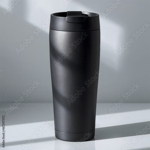 Matte black travel tumbler with flip lid in soft window light mockup
