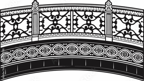 Detailed black and white illustration of an ornate bridge with decorative railings and embellishments silhouette