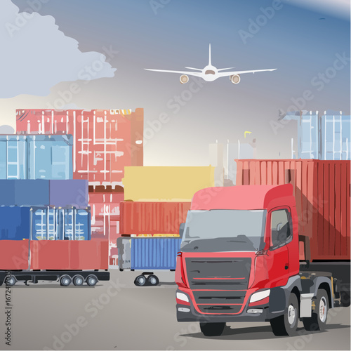 Jolie illustration sur l'univers du transport et de la logistique, camions, conteneurs, engin de manutention