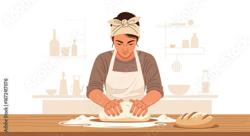 Artisan Baker Kneading Dough in a Minimalistic Kitchen Preparing Fresh Loaves of Bread